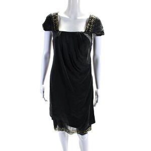 Castle Starr Womens Silk Cap Sleeved Tiered Shift Dress Gray Gold Tone Size 2